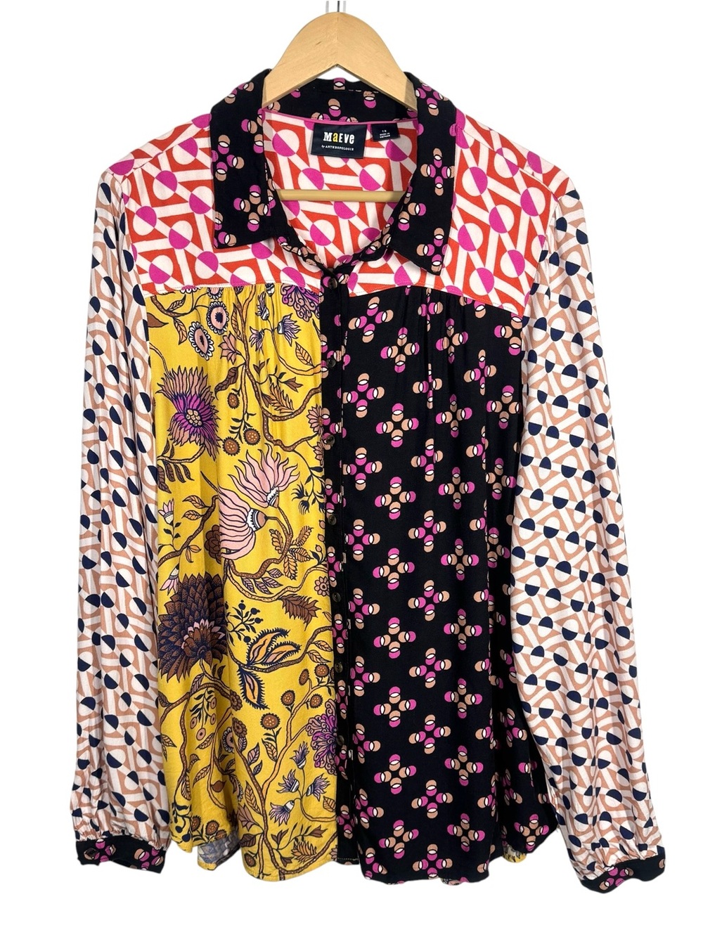 Maeve by Anthropologie The Paz Buttondown Multi Pattern Blouse Top Size 1X